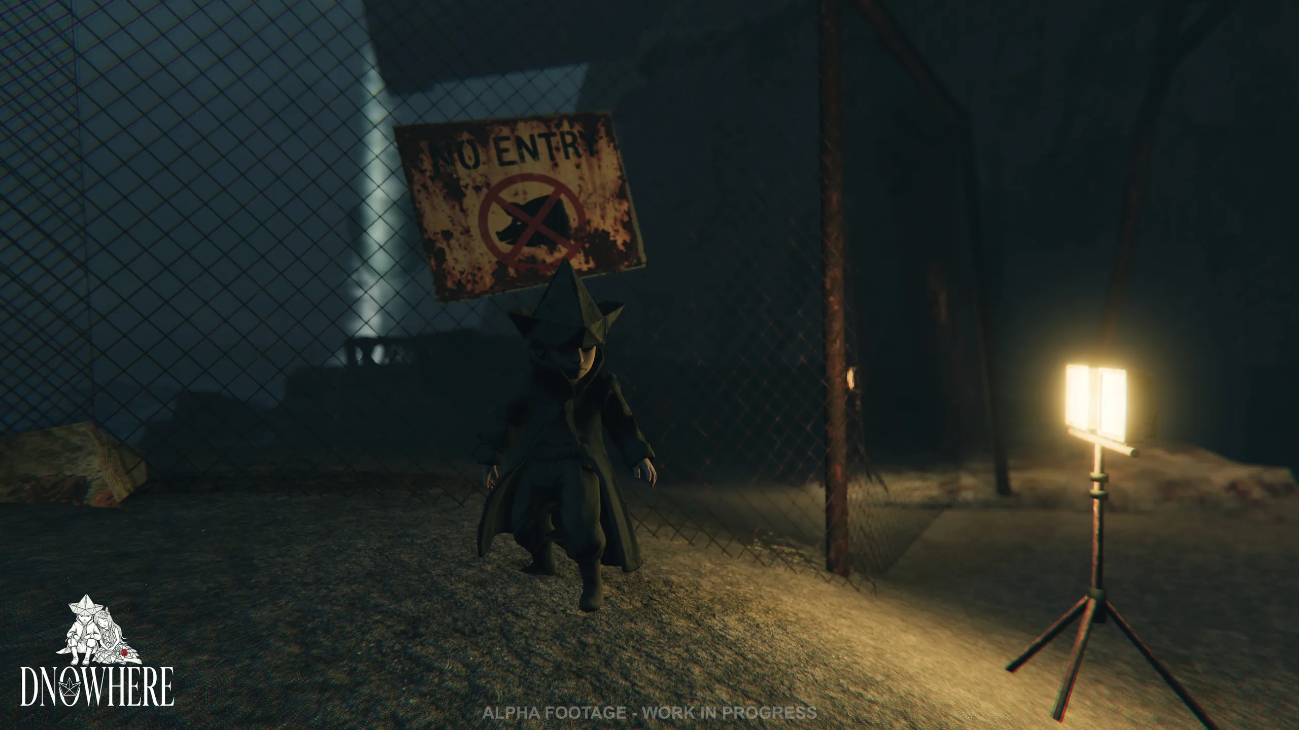 Dnowhere gameplay screenshot — a masked figure near a chain-link fence